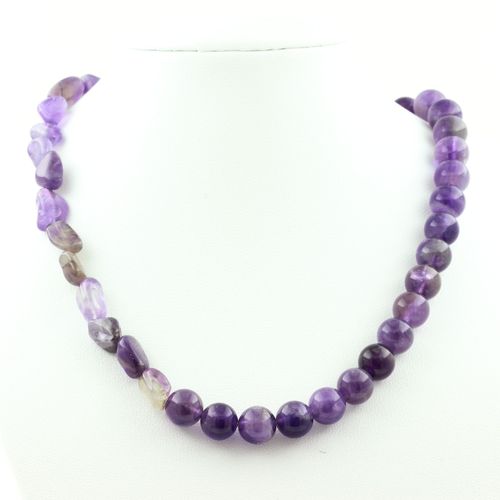 Collier Perles Améthyste Du Brésil + Améthyste 8 Mm. Chaine En Acier Inoxydable.