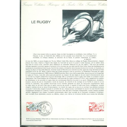 Collection Historique Du Timbre Poste Français (Documents Officiels) 21 X 29.7 Cm Avec Oblitération 1er Jour : Le Rugby - Sport