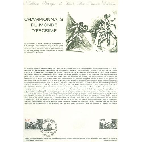 Collection Historique Du Timbre Poste Français (Documents Officiels) 21 X 29.7 Cm Avec Oblitération 1er Jour : Championnats Monde Escrime - Sport