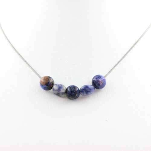 Collier Perles Jaspe Bleu D'afrique Du Sud + Jaspe Bleu 8 Mm Chaine En Acier Inoxydable.