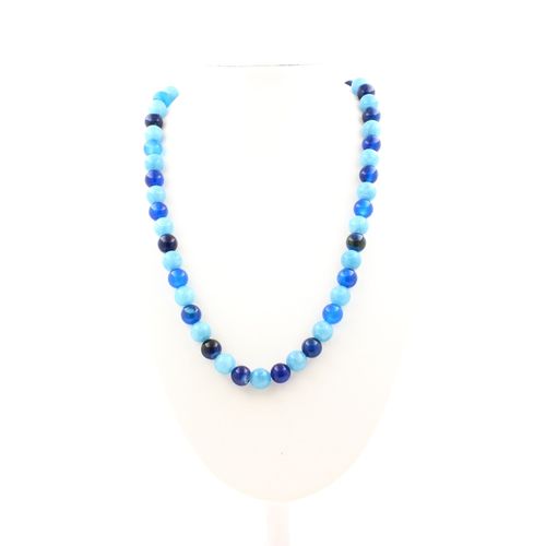 Collier Perles Agate Rubanée Bleu + Calcédoine Bleu 8 Mm Chaine En Acier Inoxydable.