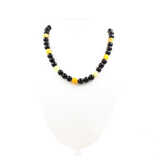Collier Perles Sardonyx Jaune + Agate Noire 8 Mm Chaine En Acier Inoxydable.