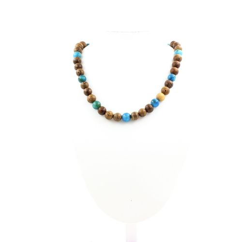 Collier Perles Apatite + Bois 8 Mm Chaine En Acier Inoxydable.