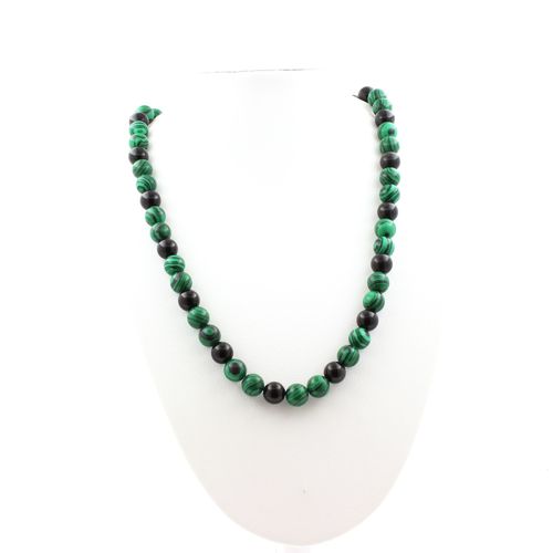 Collier Perles Malachite + Obsidienne Noire 8 Mm Chaine En Acier Inoxydable.