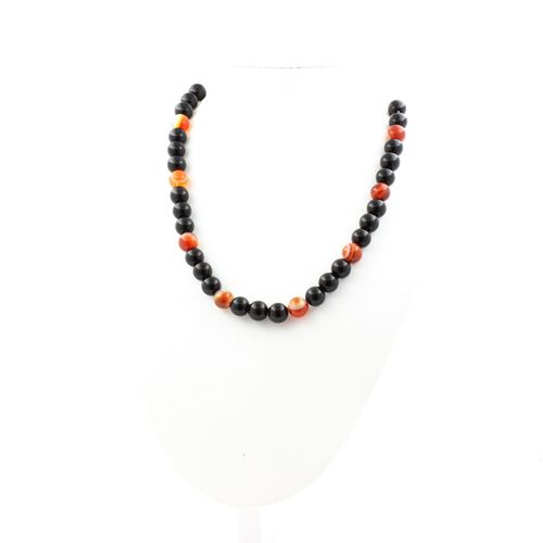 Collier Perles Agate Rubanée + Agate Noire 8 Mm Chaine En Acier Inoxydable.