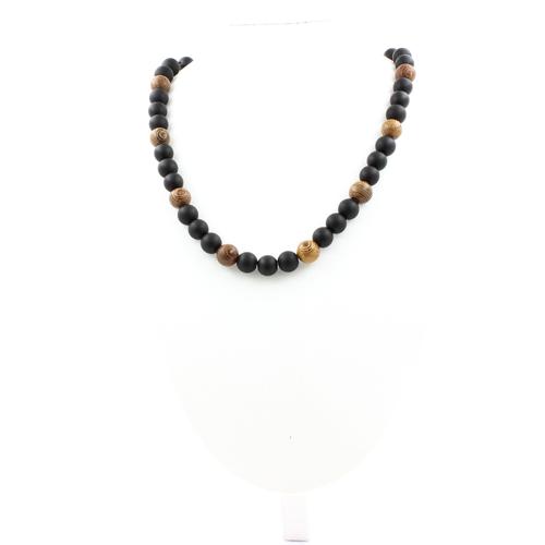 Collier Perles Onyx Noir Mat + Bois 8 Mm Chaine En Acier Inoxydable.