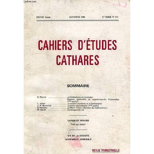 Cahiers D'etudes Cathares, Xxxviie Annee, Iie Serie, N° 111, Automne 1986