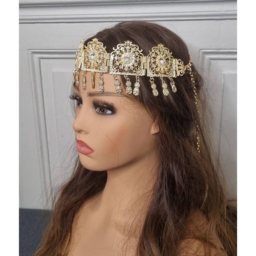 Couronne Frontal Jbine En Métal Doré Pierre Blanche Diadème Oriental Kabyle Chaoui Berbère Mariage Melhfa