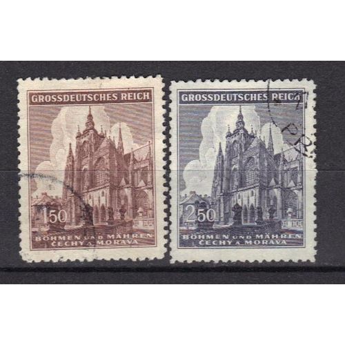 Boheme Et Moravie 1944 : Grossdeutsches Reich : Cathédrale Saint -Vitus, À Prague - Série De 2 Timbres Oblitérés