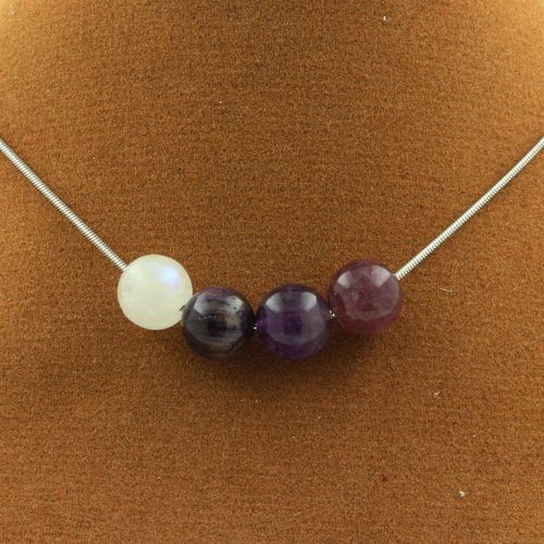Collier Perles Oeil De Tigre Violet + Améthyste + Pierre De Lune + Collier Femmes, Hommes. Taille Personnalisable.