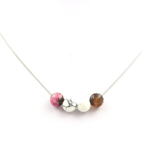 Collier Perles Howlite + Agate Rose Marron 8 Mm. Chaine En Acier Collier Femmes, Hommes. Taille Personnalisable.