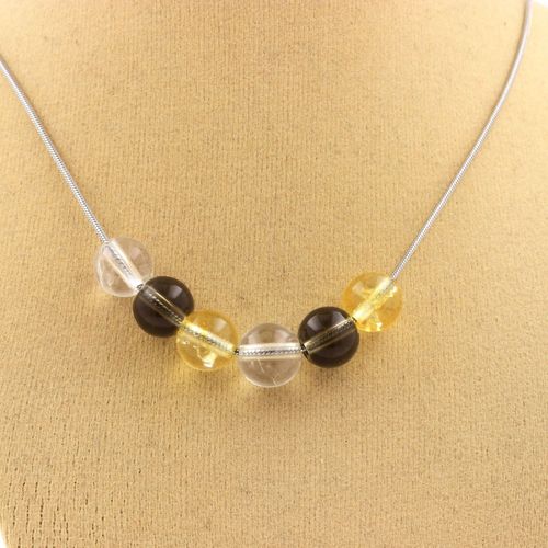 Collier Perles Quartz Fumé + Citrine + Quartz 8 Mm. Chaine En Acier Collier Femmes, Hommes. Taille Personnalisable.