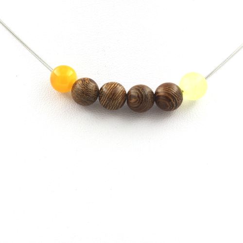 Collier Perles Sardonyx Jaune + Bois 8 Mm. Chaine En Acier Inoxydable. Collier Femmes, Hommes. Taille Personnalisable.