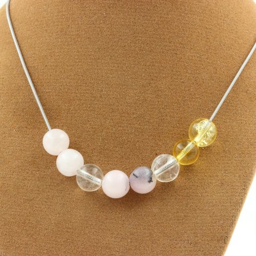 Collier Perles Opale Rose + Quartz Rose + Citrine + Quartz 8 Mm. Collier Femmes, Hommes. Taille Personnalisable.
