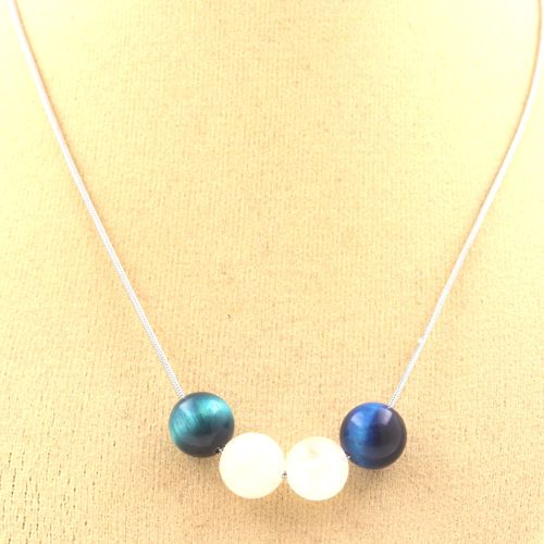 Collier Perles Oeil De Tigre Bleu Clair + Pierre De Lune 8 Mm. Chaine Collier Femmes, Hommes. Taille Personnalisable.