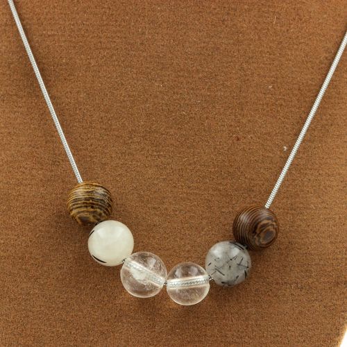 Collier Perles Quartz Rutile Noir + Quartz + Bois 8 Mm. Chaine En Collier Femmes, Hommes. Taille Personnalisable.