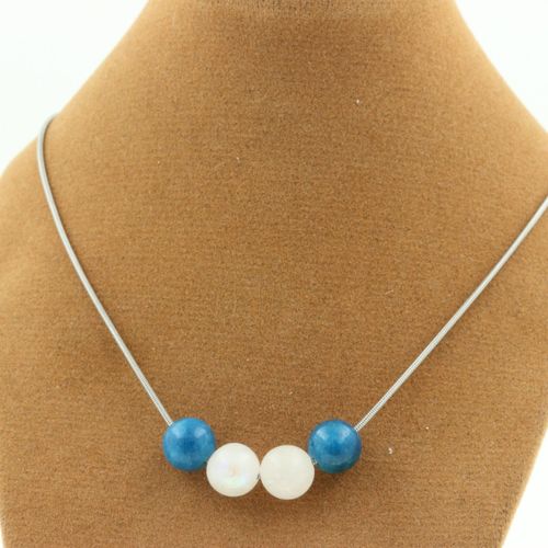 Collier Perles Pierre De Lune + Apatite 8 Mm. Chaine En Acier Collier Femmes, Hommes. Taille Personnalisable.