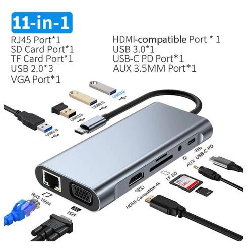 Adaptateur USB C, Hub usbC 11 en 1, Adaptateur USBC vers HDMI 4K, VGA, PD 100W, 4 Ports USB 3/2, Lecteur de Carte