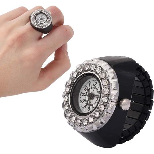 Hommes Femmes Finger Watch, Mini Anneau Montre, Brillant Strass Quartz Bague Montre Cadeau (Noir)