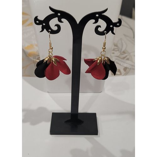 Boucles D'oreilles Bicolores Fleur En Tissu Rouge Noir ! Neuf!