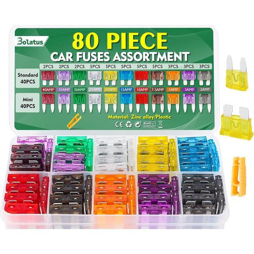 Bolatus 80 Pcs Fusible Voiture Standard Et Mini Jeu De Fusibles Auto Mixte 2a 3a 5a 7.5a 10a 15a 20a 25a 30a 35a 40a