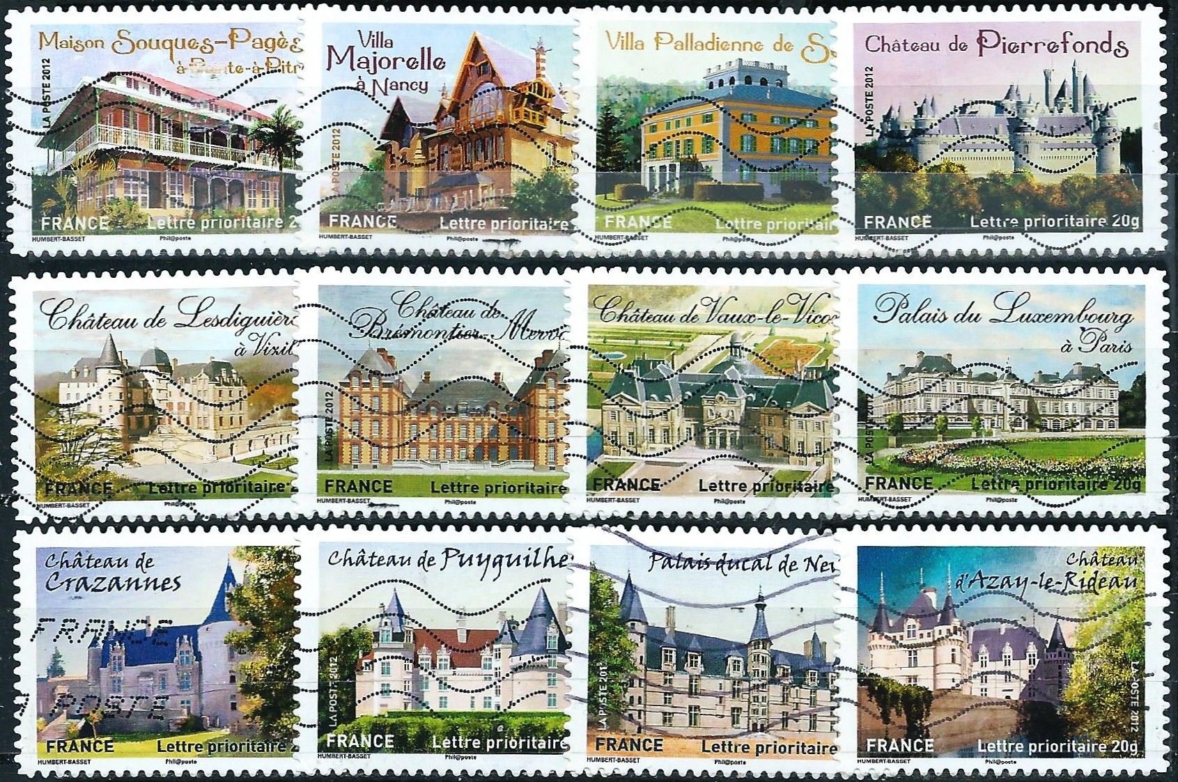 France 2012, Belle Série Complète Timbres Yvert 726 À 737, Châteaux Et Demeures Historiques, «De La Renaissance Au Xxème Siècle», Oblitérés, Tbe