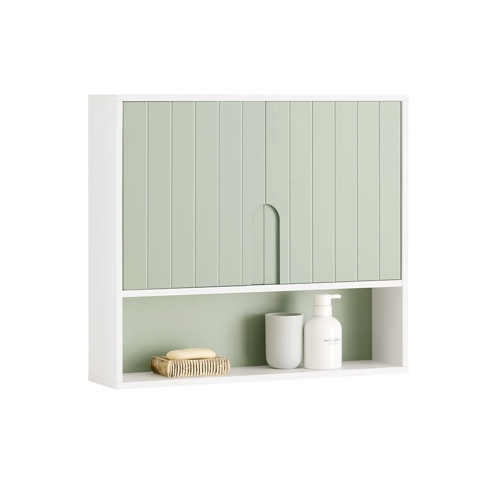 Sobuy Armoire Murale, Placard De Rangement, Meuble De Rangement Suspendu Salle De Bain, Meuble Haut Avec 2 Portes, Étagère Réglable Et Étagère Ouverte, 60x15x54 Cm, Blanc Et Vert, Bzr140-Gr