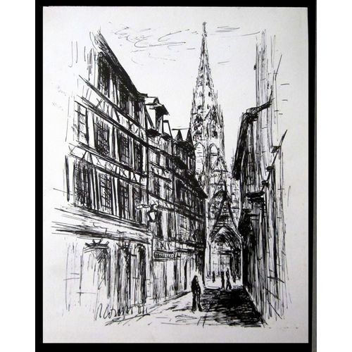 Lithographie Monochrome " Quartier Du Vieux Rouen"