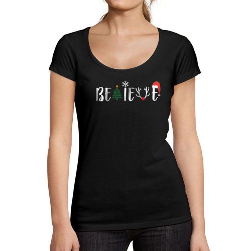 Femme Tee-Shirt Noël Croire Arbre Xmas - Christmas Believe Tree Xmas - T-Shirt Graphique Éco-Responsable Vintage Cadeau Nouveauté