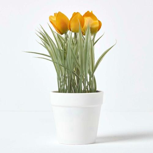 Tulipes jaunes artificielles en pot blanc 22 cm