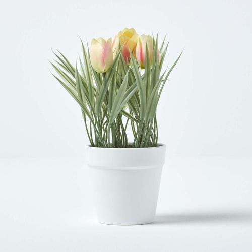 Tulipes roses artificielles en pot blanc 22 cm