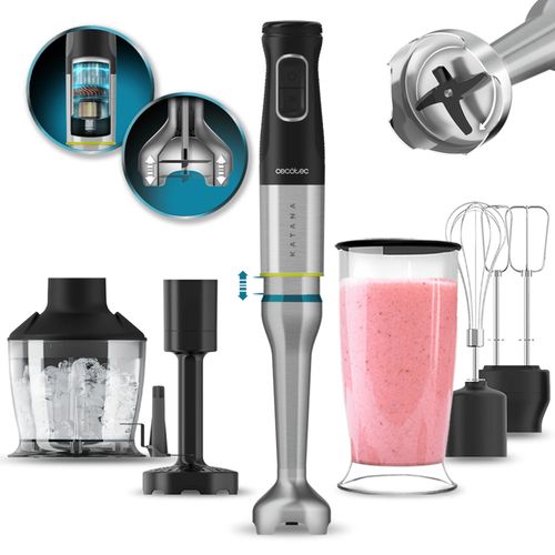 Cecotec Katana TotalDestroy 1500XL PerfectCream&Crush Hand Blender, 1500 W, 21 vitesses et Turbo, 4 lames en titane noir, capot anti-éclaboussures, pied extra-long, kit d'accessoires.