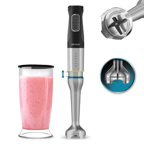 Cecotec Mixeur plongeant Katana TotalDestroy 1200XL DK. Puissance maximale de 1200 W, 21 vitesses et turbo, 4 godets en titane, capot anti-éclaboussures, pied extra long, bol gradué de 800 ml.
