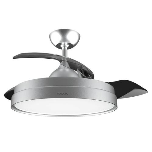 Cecotec EnergySilence Aero 4280 Invisible Steel Ventilateur de plafond avec pales rétractables, lampe, minuterie, 3 tons de lumière et fonction été-hiver 40 W Diamètre 106 cm Gris acier