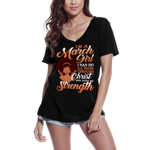 Femme Tee-Shirt Col V Fille De Mars - Force Du Christ Anniversaire Religieux - March Girl - Christ Strength Birthday Religious - T-Shirt Graphique Éco-Responsable Vintage Cadeau Nouveauté