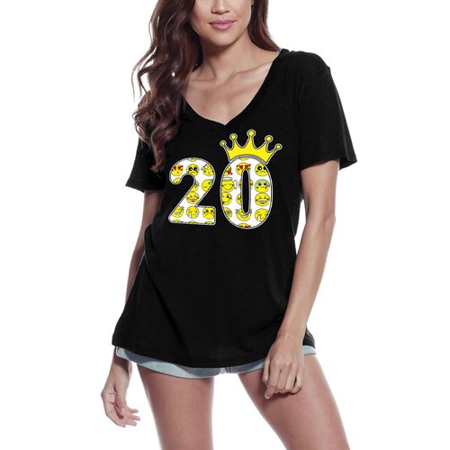 Femme Tee-Shirt Col V Couronne D'or 20 Ans - 20e - Golden Crown 20 Years Old - 20th - 20 Ans T-Shirt Graphique Idée Cadeau 20e Anniversaire Vintage Année 2004 Nouveauté
