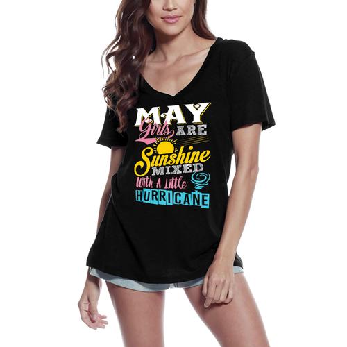 Femme Tee-Shirt Col V - May Girls Are Sunshine Mixed With A Little Hurricane - Birthday Gif For Ladies - T-Shirt Graphique Éco-Responsable Vintage Cadeau Nouveauté