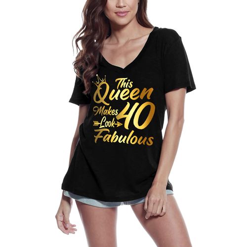 Femme Tee-Shirt Col V - This Queen Makes 40 Look Fabolous - 40th - 40 Ans T-Shirt Graphique Idée Cadeau 40e Anniversaire Vintage Année 1984 Nouveauté