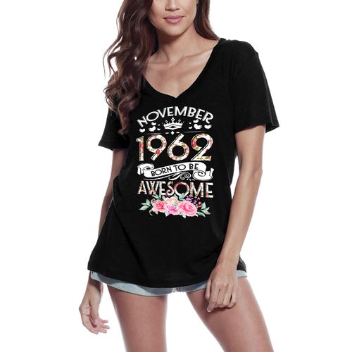 Femme Tee-Shirt Col V Born To Be Awesome Novembre 1962 - 58ème Édition - Born To Be Awesome November 1962 - 58th - 58 Ans T-Shirt Graphique Idée Cadeau 58e Anniversaire Vintage Année 1966 Nouveauté
