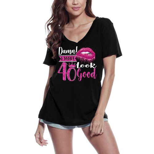 Femme Tee-Shirt Col V Bon Sang J'ai L'air D'avoir 40 Ans - 40e - Damn I Make 40 Look Good - 40th - 40 Ans T-Shirt Graphique Idée Cadeau 40e Anniversaire Vintage Année 1984 Nouveauté