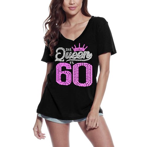Femme Tee-Shirt Col V La Reine A 60 Ans - 60e - The Queen Is 60 - 60th - 60 Ans T-Shirt Graphique Idée Cadeau 60e Anniversaire Vintage Année 1964 Nouveauté