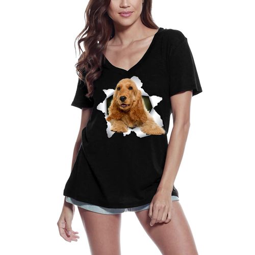 Femme Tee-Shirt Col V Cocker Anglais - English Cocker Spaniel - T-Shirt Graphique Éco-Responsable Vintage Cadeau Nouveauté
