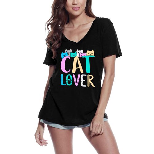 Femme Tee-Shirt Col V Amoureux Des Chats - Mignon Décontracté - Cat Lover - Casual Cute - T-Shirt Graphique Éco-Responsable Vintage Cadeau Nouveauté