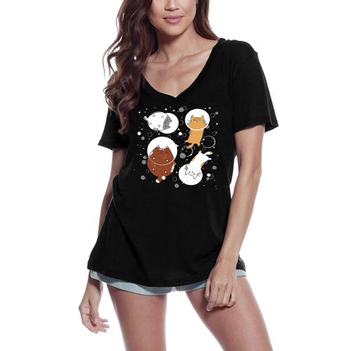 Femme Tee-Shirt Col V Chat Dans L'eau Vie Des Chats - Amoureux Des Chats - Cat In Water Cats Life - Cat Lovers - T-Shirt Graphique Éco-Responsable Vintage Cadeau Nouveauté