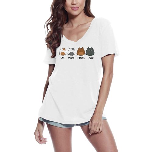 Femme Tee-Shirt Col V Un Deux Trois Chat - Un Deux Trois Cat - T-Shirt Graphique Éco-Responsable Vintage Cadeau Nouveauté