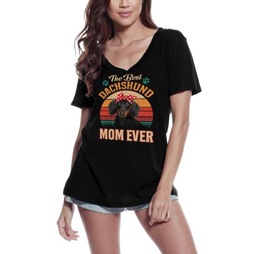 Femme Tee-Shirt Col V - The Best Dachshund Mom Ever - Retro Sunset Mother Dog Lover - T-Shirt Graphique Éco-Responsable Vintage Cadeau Nouveauté