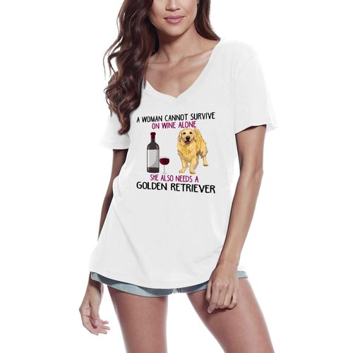 Femme Tee-Shirt Col V - A Woman Can Not Survive On Wine Alone She Needs Golden Retriever - Cute Paw Dog Lover - T-Shirt Graphique Éco-Responsable Vintage Cadeau Nouveauté