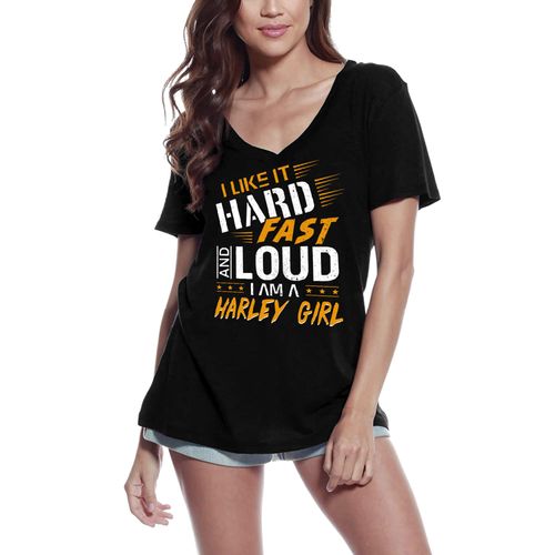Femme Tee-Shirt Col V - I Like It Hard Fast And Loud I'm A Harley Girl - Biker Girls - T-Shirt Graphique Éco-Responsable Vintage Cadeau Nouveauté