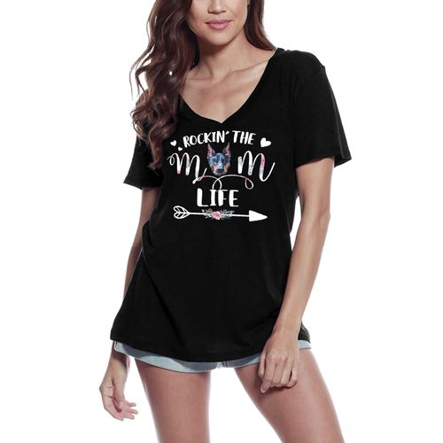 Femme Tee-Shirt Col V La Vie De Maman Doberman - Rockin' The Doberman Mom Life - T-Shirt Graphique Éco-Responsable Vintage Cadeau Nouveauté