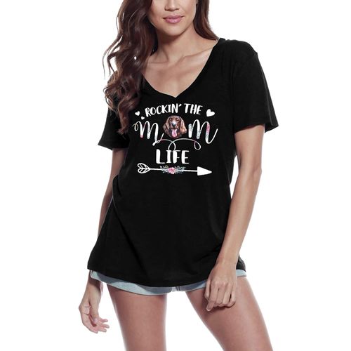 Femme Tee-Shirt Col V La Vie D'une Maman D'un Setter Irlandais - Rockin' The Irish Setter Mom Life - T-Shirt Graphique Éco-Responsable Vintage Cadeau Nouveauté